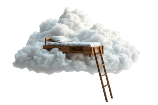 Floating bed on clouds with steps isolated on transparent background
