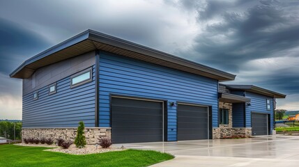 Fototapeta premium The sleek lines of a modern garage with blue siding and stone trim, under a stormy sky