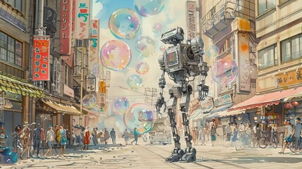 Gentle watercolor of a robot performing on a bustling street, soap bubbles floating up into the sunlit sky, framing the scene with whimsy