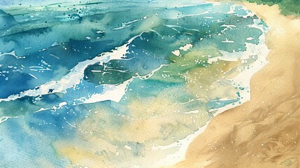 Gentle watercolor of a small, tranquil beach, the rhythmic sound of waves imagined through soft brush strokes of blue and sandy tones