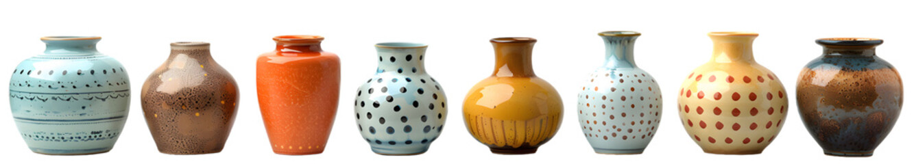 A set of hand-painted ceramic vases in various colors and patterns isolated on a white transparent background