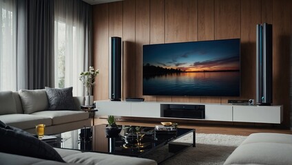 Automated Home Entertainment Systems, automated home entertainment systems with showing integrated audiovisual equipment, such as smart TVs, speakers, and streaming devices