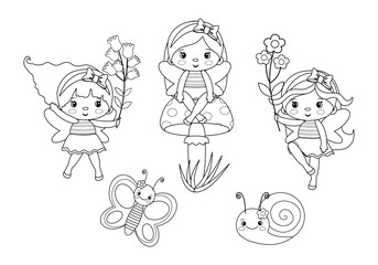 Coloring page for kids, adults. Princess, fairy girls, forest, animal, butterfly. Coloring page, Coloring book, colouring.  For girls. Vector illustration isolated on white background. Pattern, set