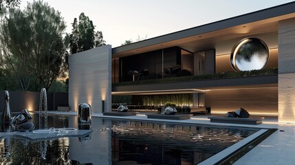 The striking facade of a modern villa with a pool, featuring avant-garde sculptures and water elements in the evening light
