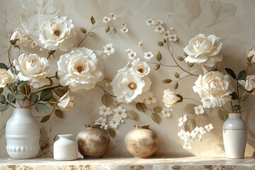 3d wallpaper white flowers and beige background, wall mural, floral wall art, beige background with gold decoration, white vases. Created with Ai