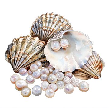 recommend clip art: Clam shells and pearls watercolor clipart illustration on white background