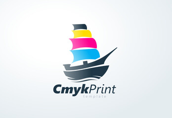 Logo Sailing Ship CMYK Print theme. Abstract Sailiboat silhouette ink sail. Template design vector. White background.