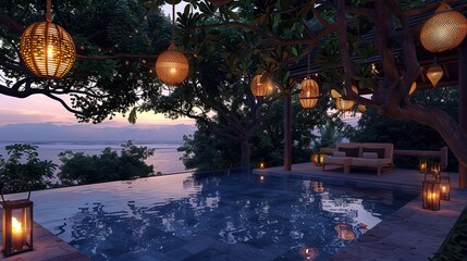 The tranquil setting of a tropical villa's pool area at dusk, with lanterns hanging from the trees