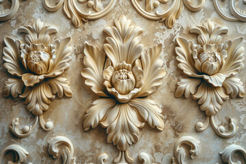 beautiful wall with three dimensional ornaments in the shape of flowers, carved from wood and plastered to walls. Created with Ai