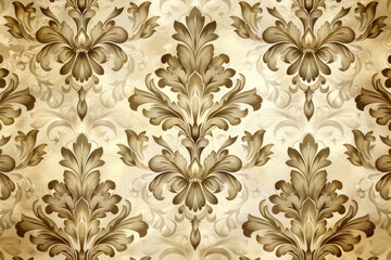 A closeup of an intricate Baroque-style wall design, featuring detailed floral patterns and acanthus leaves in beige tones on a cream background. Created with AI