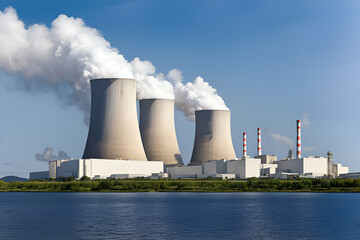 Obraz premium A Image of a Nuclear Power Station,Plumes of Smoke Rising from Towering Chimneys,Reflecting the Complex Interplay Between Electricity Generation,Environmental Damage,ongoing Debate Over Nuclear Energy