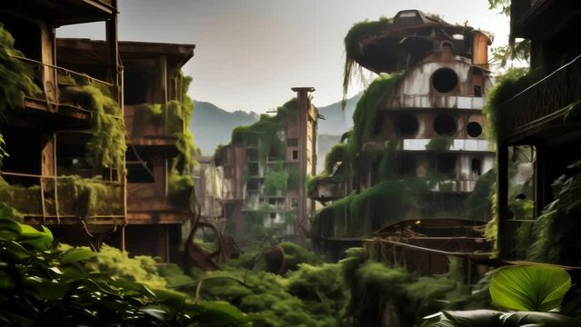 Dilapidated industrial buildings and structures, surrounded by lush vegetation, stand as a testament to nature's resilience. 