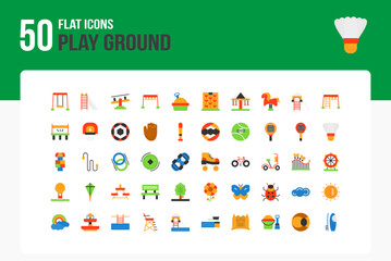 Set of 50 Play Ground icons related to Swing, Slide, Seesaw, Monkey Bars Flat Icon collection