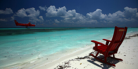 A red chair is sitting on the beach next to the ocean