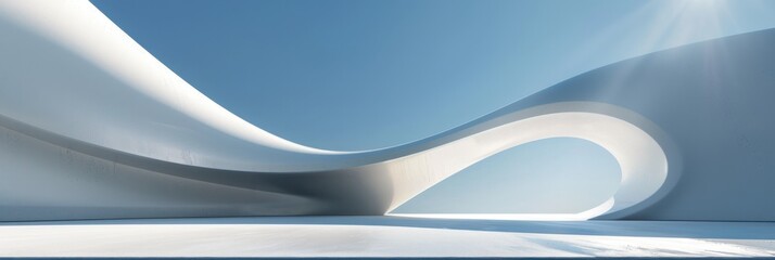 White curved wave concrete structure, empty space with blue sky background, minimal architecture concept.