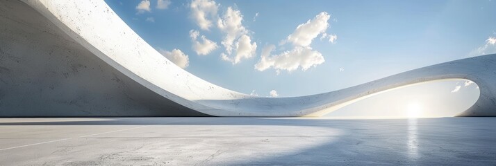 White curved wave concrete structure, empty space with blue sky background, minimal architecture concept.