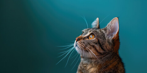 Photo of a cat looking up with curiosity on a teal background. Created with Ai