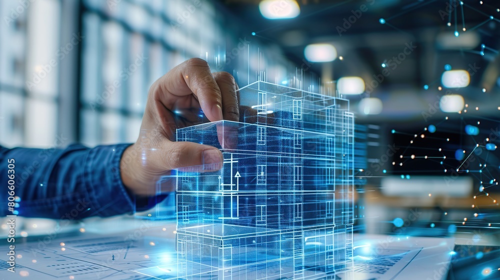 Aufkleber hand pointing at digital virtual reality modern blueprint building hologram on a futuristic backgrou
