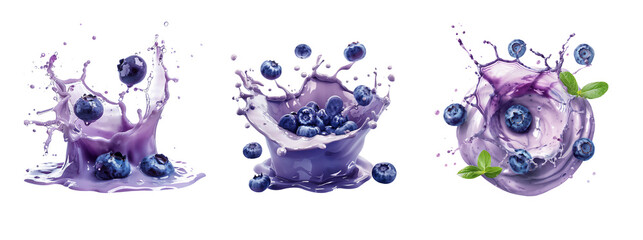 Fototapeta premium Set of Blueberry juice splash isolated on a transparent background