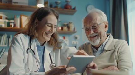 Fototapeta premium Young female doctor wearing a white coat and stethoscope showing something on a digital tablet to a happy elderly man patient sitting in a medical room.