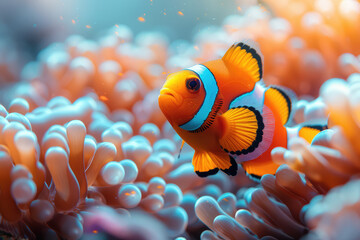A vibrant coral reef scene with an orange and white clownfish swimming among pink corals. Created with Ai