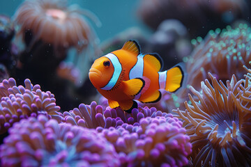  A vibrant clown fish swimming among the colorful coral in anemones, adding to its beauty and charm. Created with Ai