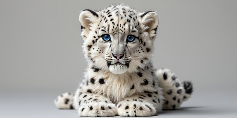 Naklejka premium A highly detailed and realistic of a small, cute snow leopard cub with large, Soft fur , expressive blue eyes, covered in soft, white fur with black spots, sitting and looking directly at the viewer