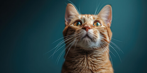 A cat looking up, portrait shot, closeup of the head and neck, blurred background. Created with Ai