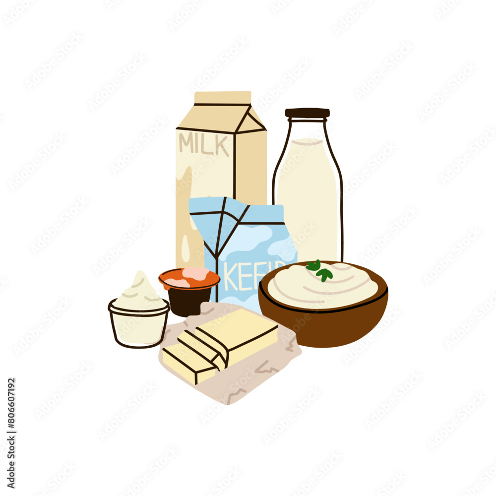 Wall mural Dairy products set. Milk, kefir and yogurt in cardboard packaging containers, glass bottle. Different cheese, butter and cream. Organic farm healthy food. Vector cartoon flat isolated illustration