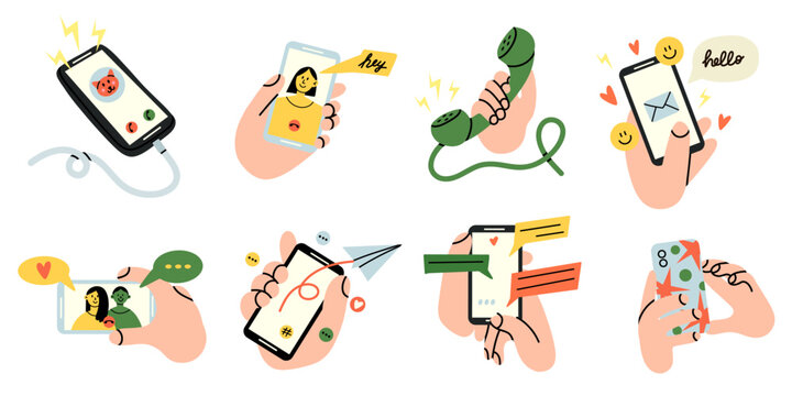 Smartphone communication. Hand hold phone. Chatting, video and text messages, letter mail. Device screen with people faces, facetime application. Gadget cartoon flat style isolated vector illustration