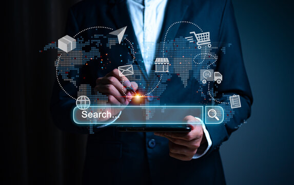 The business concept leverages digital marketing, online commerce, and AI technology. A businessman uses a laptop to plan digital marketing campaigns across digital channels including search engines.