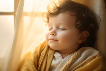 Baby boy with rosy cheeks lies peacefully on a pastel yellow blanket, basking in the warm glow of the soft sunlight filtering through the window. - Powered by Adobe