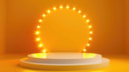 Stage podium decorated with lighting, Pedestal scene with for product, advertising, show, award ceremony, on yellow background, Summer background, Minimal style, illustration