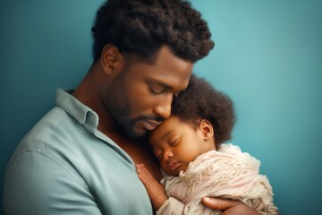Baby girl with cocoa-colored skin sleeps soundly on a pastel sky-blue backdrop, cradled gently in her father's arms.