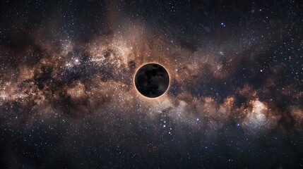 A digital composite image of a solar eclipse superimposed against a starry night sky, creating a surreal and magical effect.  - Powered by Adobe