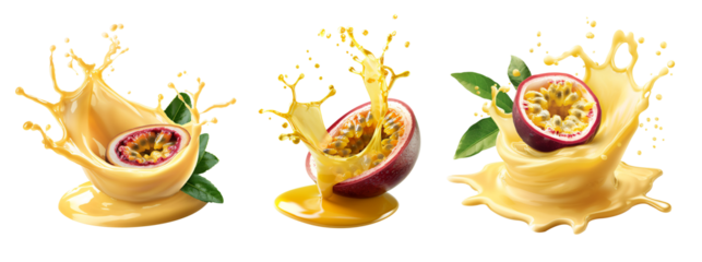 passionfruit juice splash isolated on transparent background
