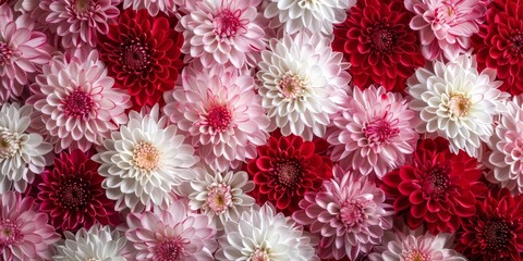 A beautiful pattern of colorful dahlia flowers in shades of red, pink, and white.