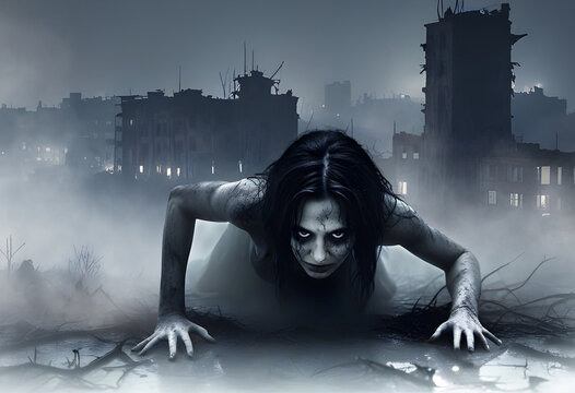 A dark creepy figure of a witch zombie woman crawling on the ground