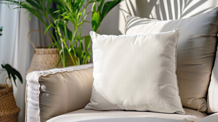 Blank white pillow on a couch. Closeup mockup template. Cozy interior