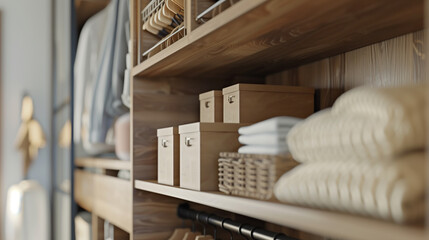 A well-organized, spacious modern wardrobe system with a variety of boxes and containers, perfect for stylish and functional home organization and storage solutions.