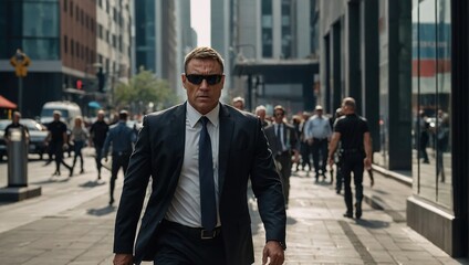 Bodyguard, security and city with vip people walking on street for government or political campaign, Face, protection and safety with man working to defend the president on sidewalk of urban town