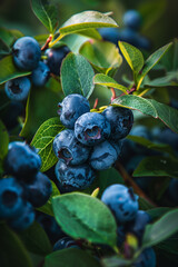Detailed close-up image of ripe, vibrant blueberries showcasing their deep texture and color, set against a backdrop of fresh green leaves. Perfect for food, health, or agriculture-related concepts.