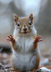 Obraz premium Cute squirrel arm spread, looking into camera. Close-up. Wildlife, cute.