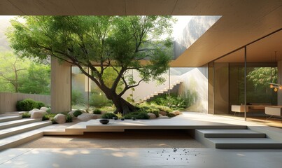 Exterior view of a sleek, minimalistic eco-home, featuring expansive glass windows and a lush green tree, green energy solutions