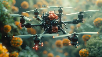 Close-up of a drone with a camera, hovering and surrounded by bacteria, emphasizing the importance of cleanliness in tech environments