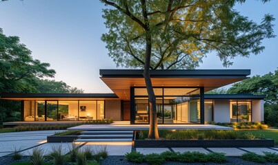 Exterior view of a sleek, minimalistic eco-home, featuring expansive glass windows and a lush green tree, green energy solutions