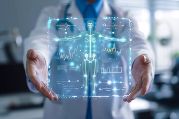 A doctor carefully examines a virtual x-ray projection with focused attention. The integration of advanced technology in medical diagnostics. Generative AI.