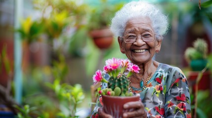 Elderly South Asian woman with a radiant smile holding a colorful potted plant, surrounded by greenery