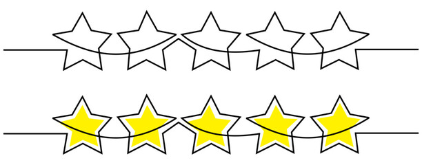 Line drawing of five stars. Rating service and high quality review and feedback from customer in simple linear style. Christmas divider in editable stroke. Doodle vector illustration