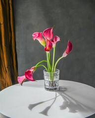 Bright pink calla lilies in glass vase on the table